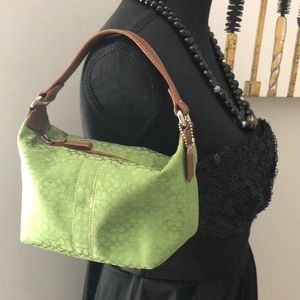 Coach lime green pouchette bag canvas CC signature print leather brown strap